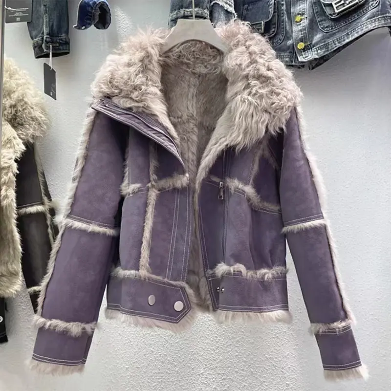 2024 Autumn Short Style Fur Women Sheepskin Jacket Tanned Suede Fabric With 100%Natural Rabbit Lining Luxury Fashion Coat