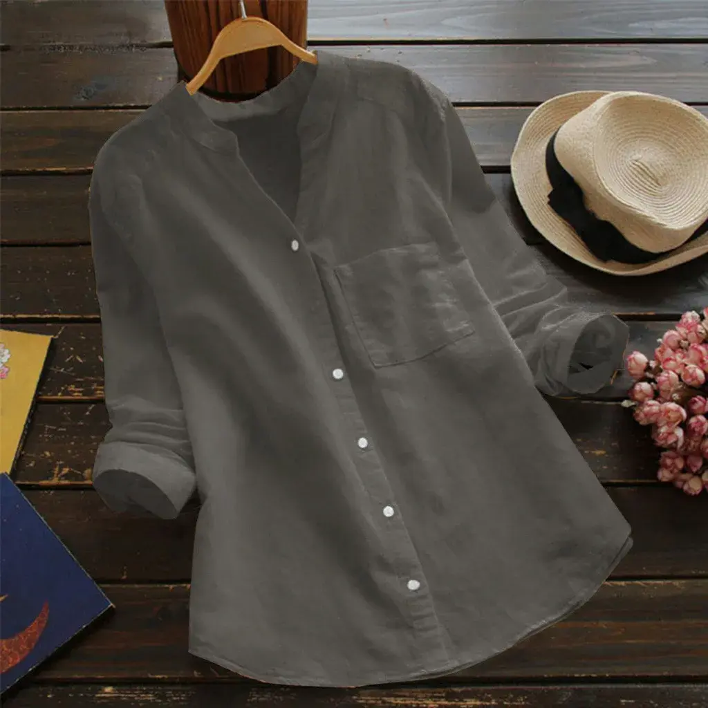 Women's Casual Retro Cotton And Linen Shirts Loose Solid Color V-neck Cardigan Button ladies Yellow White Autumn Shirt Tops