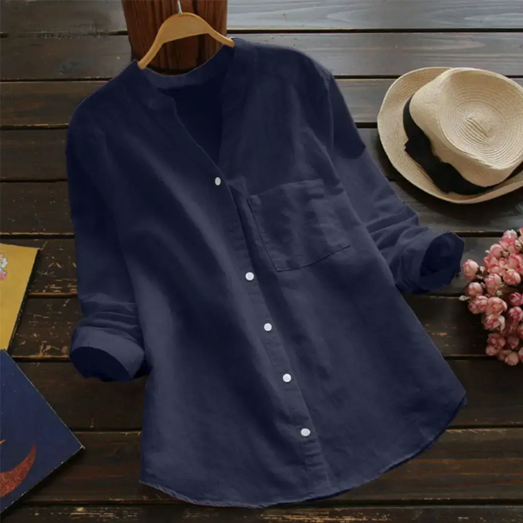 Women's Casual Retro Cotton And Linen Shirts Loose Solid Color V-neck Cardigan Button ladies Yellow White Autumn Shirt Tops