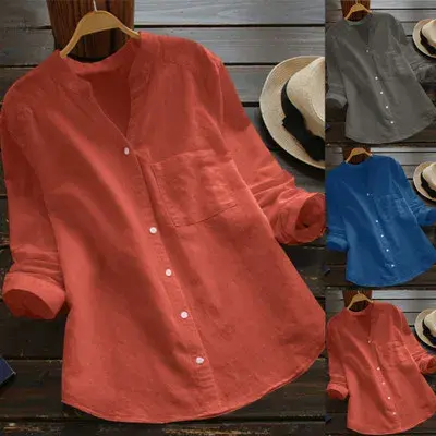 Women's Casual Retro Cotton And Linen Shirts Loose Solid Color V-neck Cardigan Button ladies Yellow White Autumn Shirt Tops