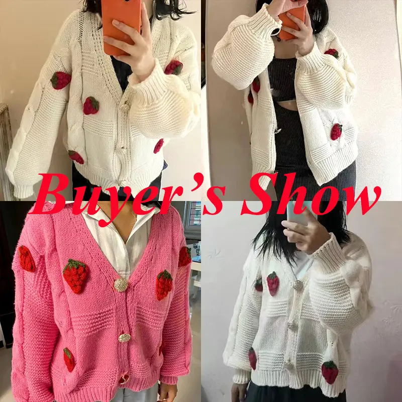 Korean Fashion Pink Strawberry Sweaters for Women Autumn Winter 2024 Long Sleeve Knitted Woman Cardigan Single Breasted Jackets