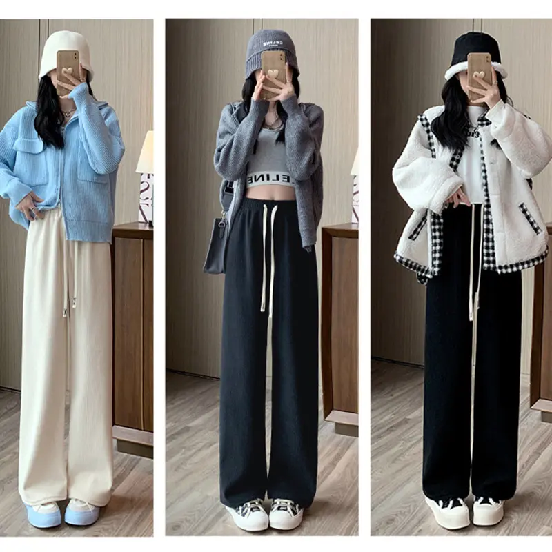 Winter Women Fleece Wide Leg Long Pants Thicken Warm Stright Long Elastic Waist Trousers Casual Loose Female Botton Pants