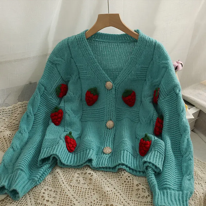 Korean Fashion Pink Strawberry Sweaters for Women Autumn Winter 2024 Long Sleeve Knitted Woman Cardigan Single Breasted Jackets