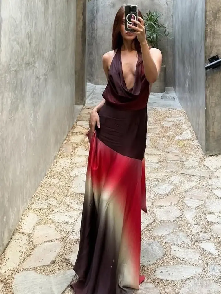 Summer Release Junior Fashion Leisure Sexy High Street Long Dress  Girl Printing Halter Slim Backless Robe