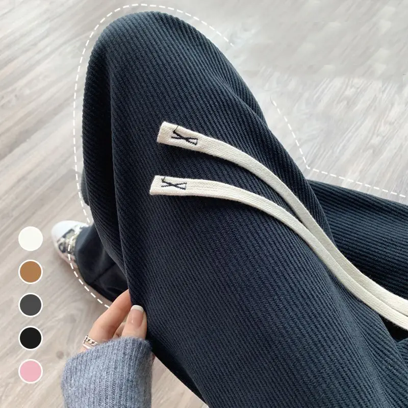 Winter Women Fleece Wide Leg Long Pants Thicken Warm Stright Long Elastic Waist Trousers Casual Loose Female Botton Pants