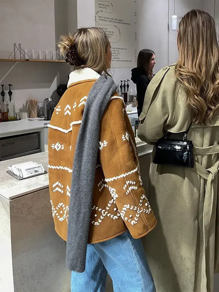 Fashion Contrast Printed Wool Lapel Jacket Women Casual Long Sleeves With Pocket Coat 2024 New Autumn Lady Commuting Streetwear