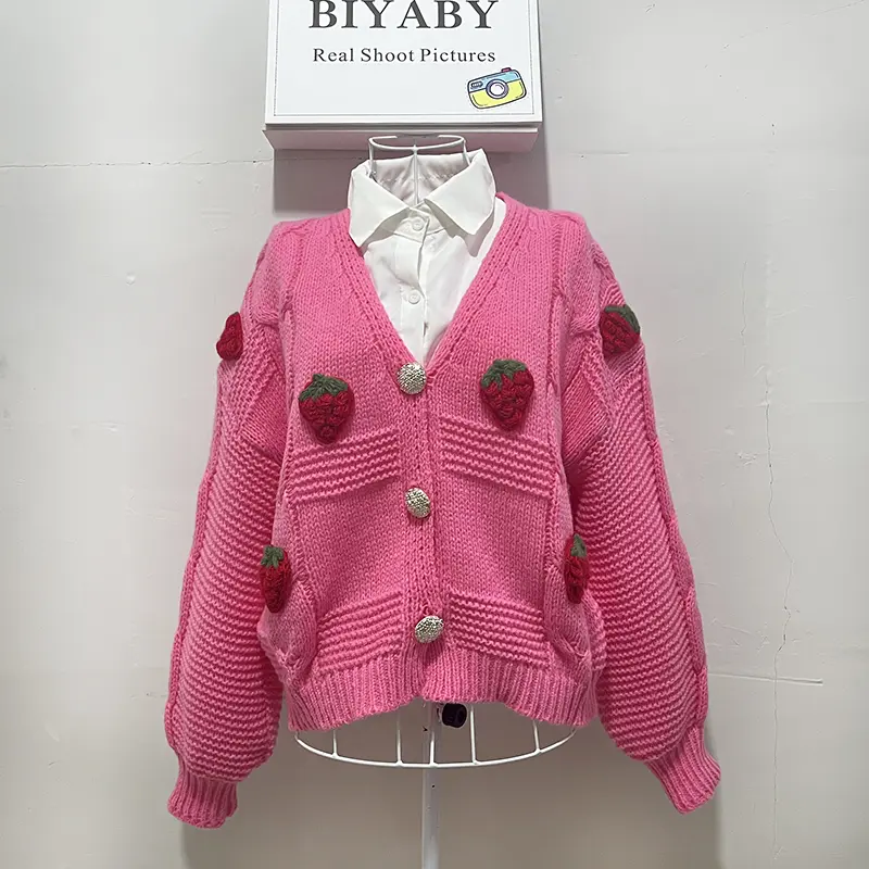 Korean Fashion Pink Strawberry Sweaters for Women Autumn Winter 2024 Long Sleeve Knitted Woman Cardigan Single Breasted Jackets