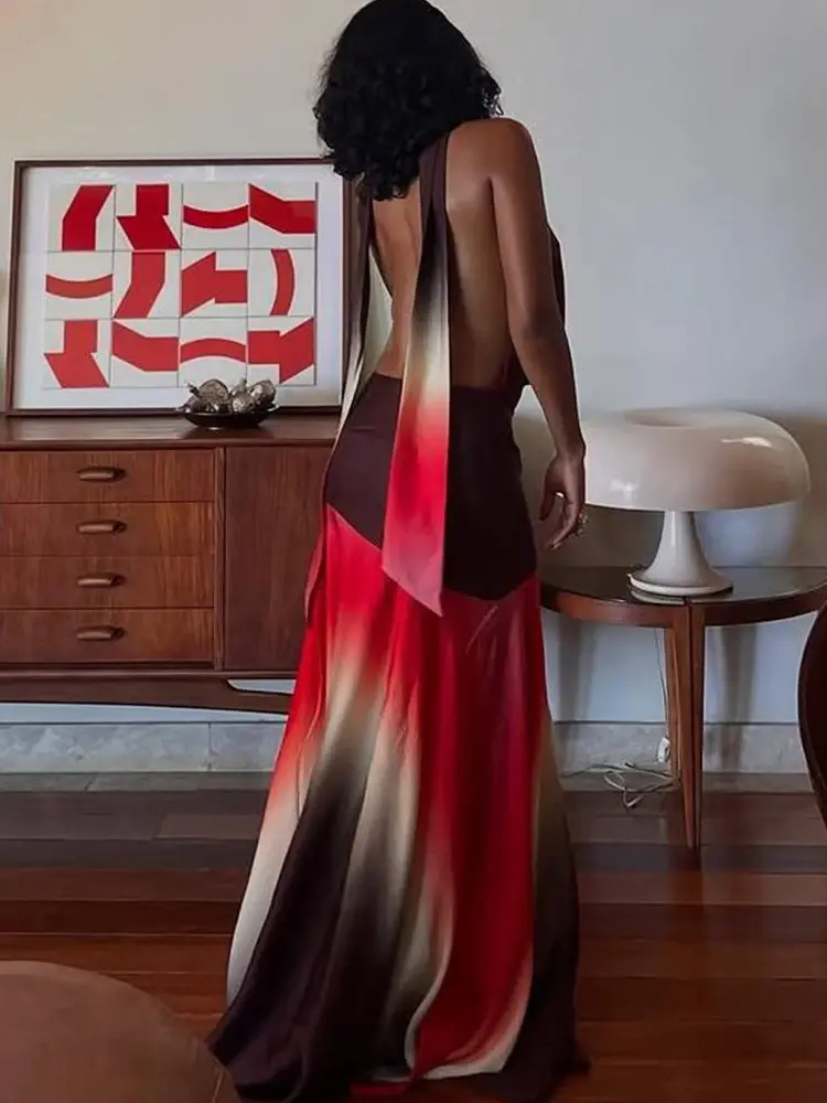 Summer Release Junior Fashion Leisure Sexy High Street Long Dress  Girl Printing Halter Slim Backless Robe