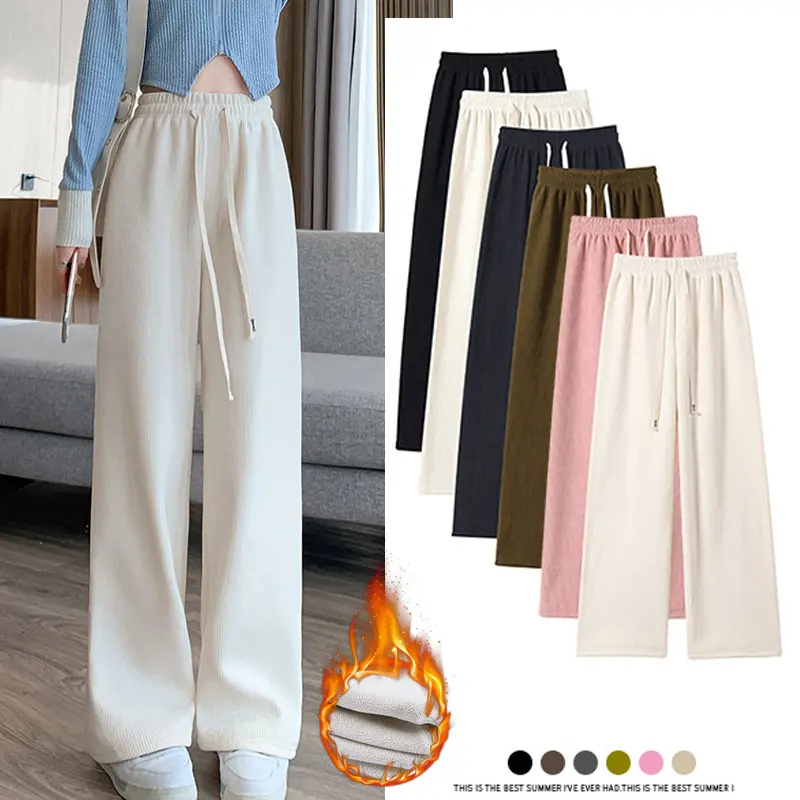 Winter Women Fleece Wide Leg Long Pants Thicken Warm Stright Long Elastic Waist Trousers Casual Loose Female Botton Pants