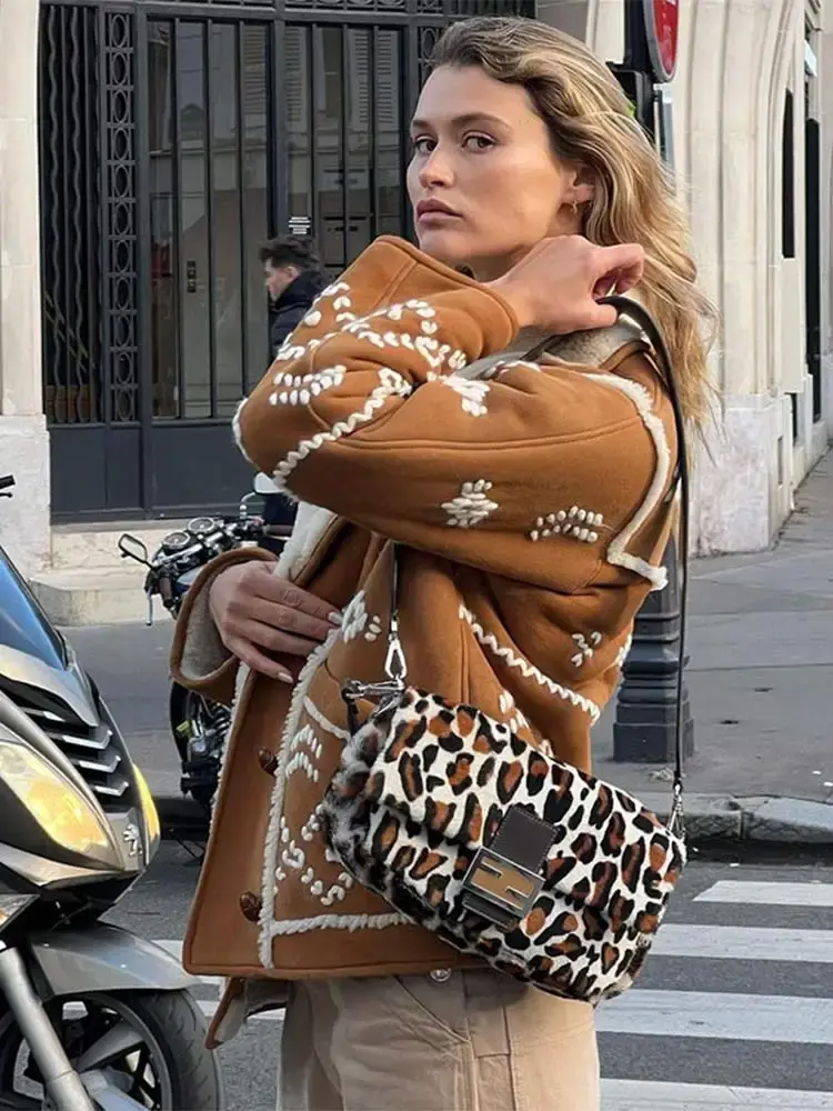 Fashion Contrast Printed Wool Lapel Jacket Women Casual Long Sleeves With Pocket Coat 2024 New Autumn Lady Commuting Streetwear