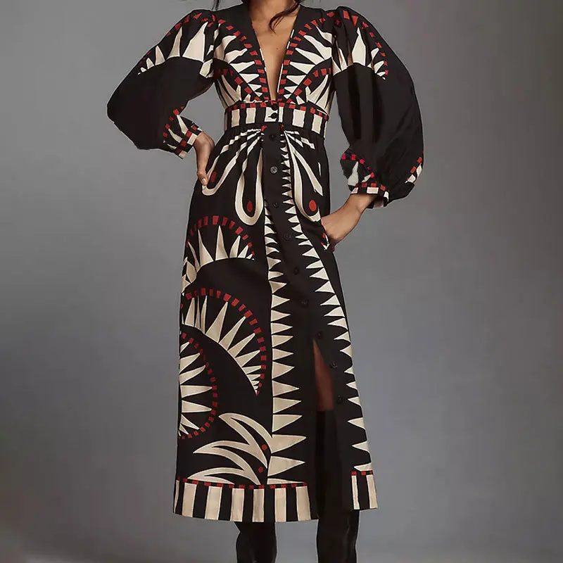2025 New Long Skirt Retro Printed Long Sleeve Fashion V-neck Lantern Sleeve European and American Dress for Women