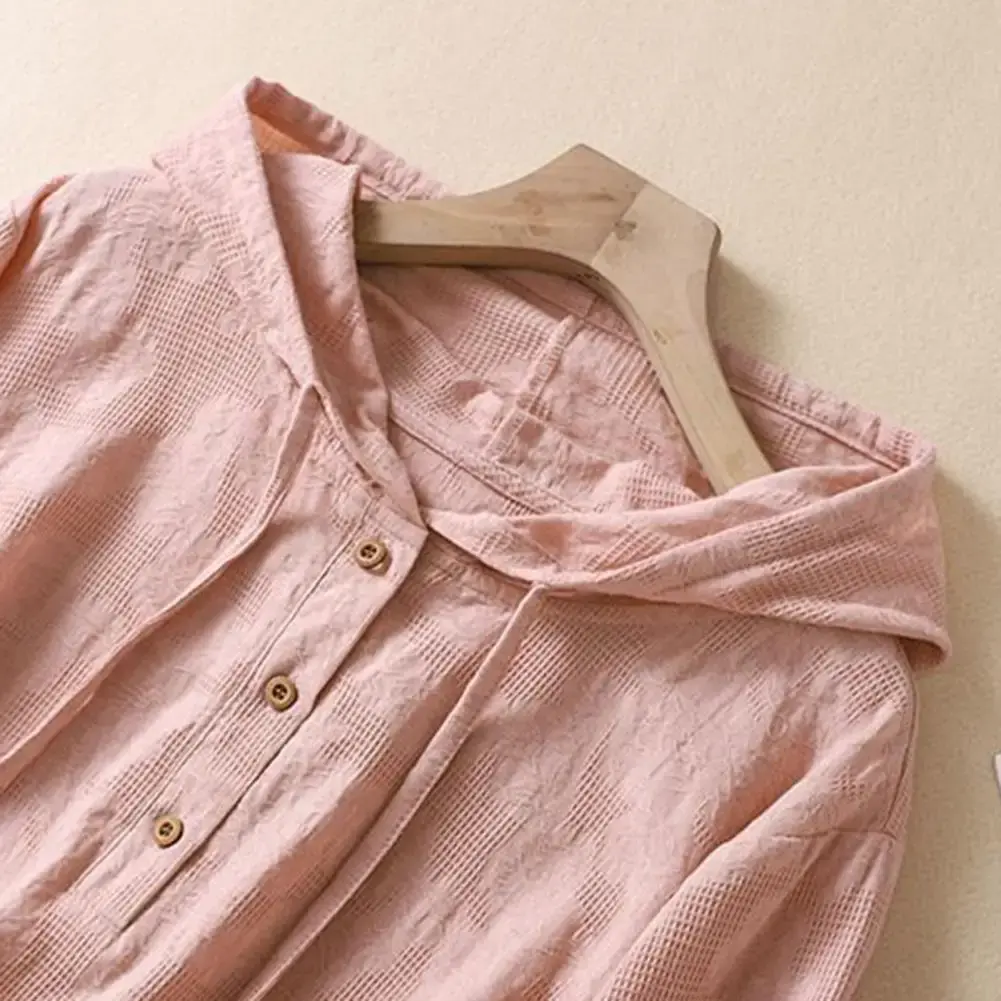 Elegant Women Blouse Shirt Hooded Cotton Linen Solid Color Buttons Half Placket Short Sleeve Top Thin Loose Blouse