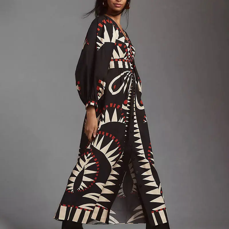 2025 New Long Skirt Retro Printed Long Sleeve Fashion V-neck Lantern Sleeve European and American Dress for Women