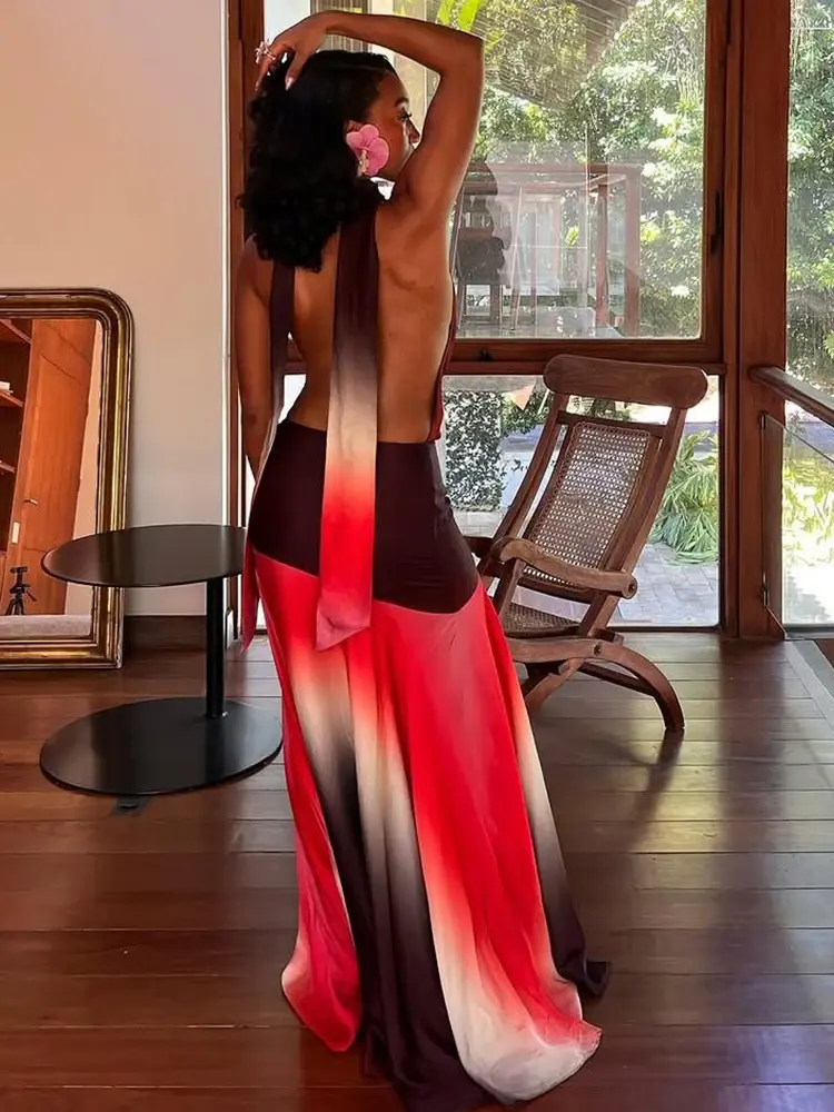 Summer Release Junior Fashion Leisure Sexy High Street Long Dress  Girl Printing Halter Slim Backless Robe