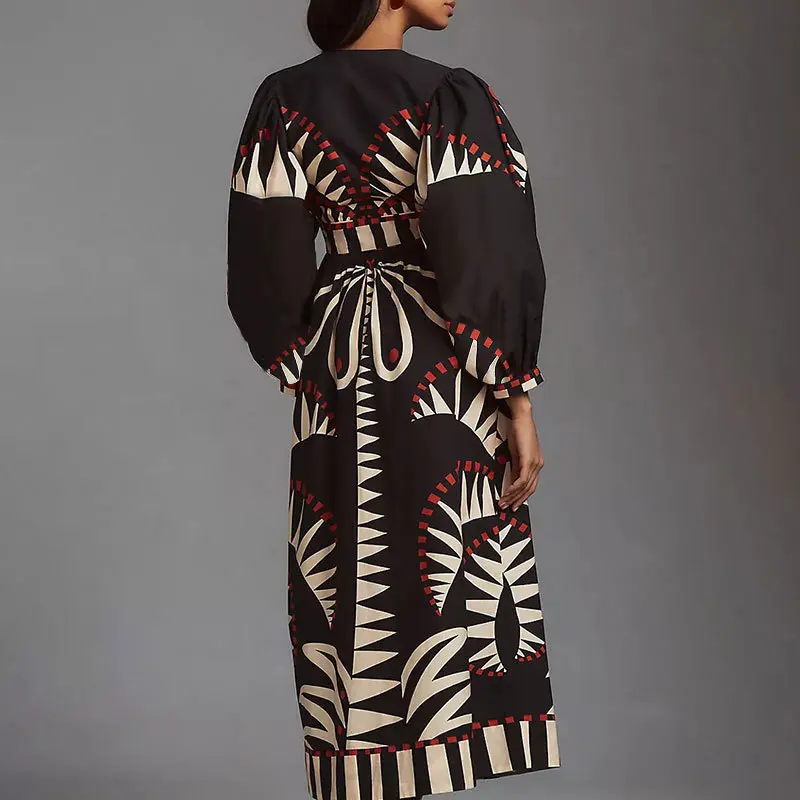 2025 New Long Skirt Retro Printed Long Sleeve Fashion V-neck Lantern Sleeve European and American Dress for Women