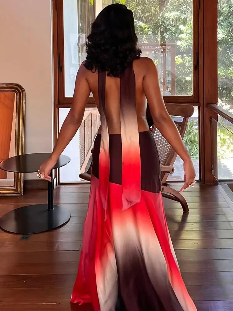 Summer Release Junior Fashion Leisure Sexy High Street Long Dress  Girl Printing Halter Slim Backless Robe