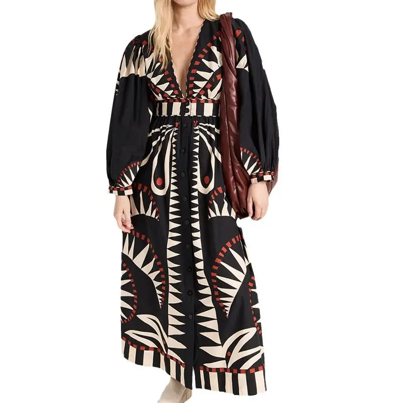 2025 New Long Skirt Retro Printed Long Sleeve Fashion V-neck Lantern Sleeve European and American Dress for Women