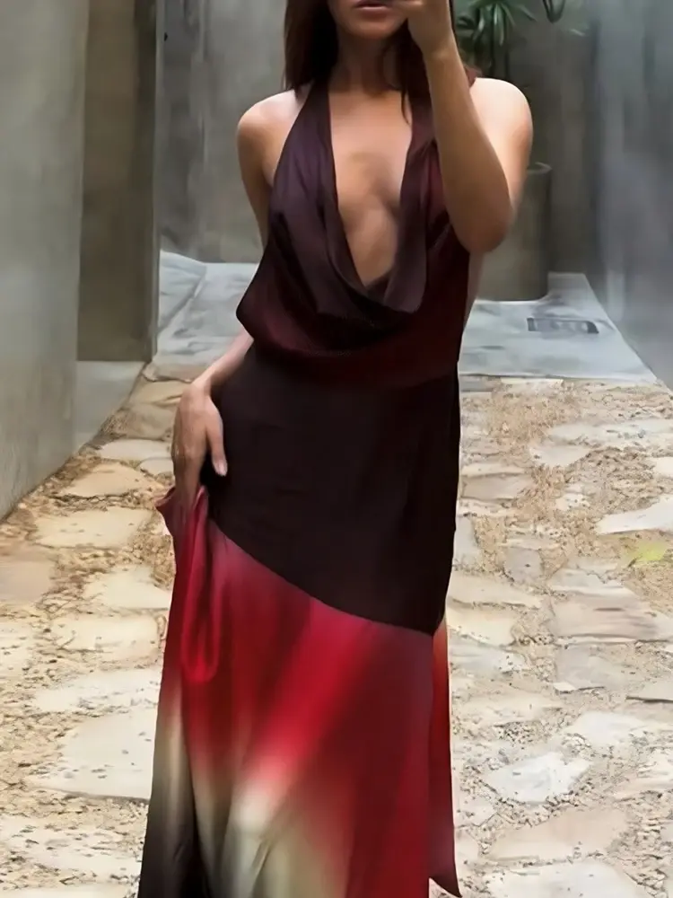 Summer Release Junior Fashion Leisure Sexy High Street Long Dress  Girl Printing Halter Slim Backless Robe