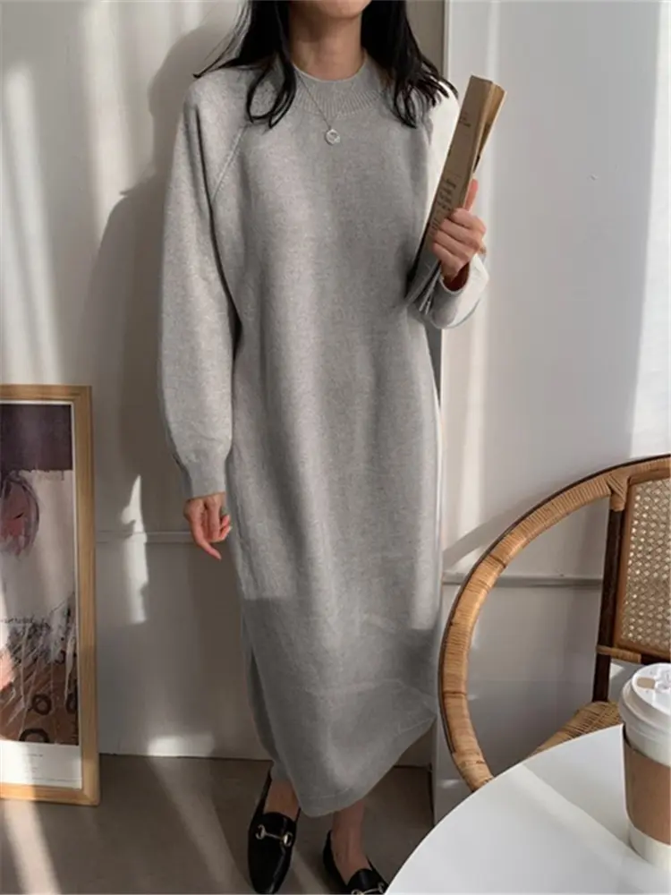 Autumn Winter 2024 New O-Neck Casual Loose Knitted Dress Female Straight Long Sleeve Oversize Sweater Womens Long Dress