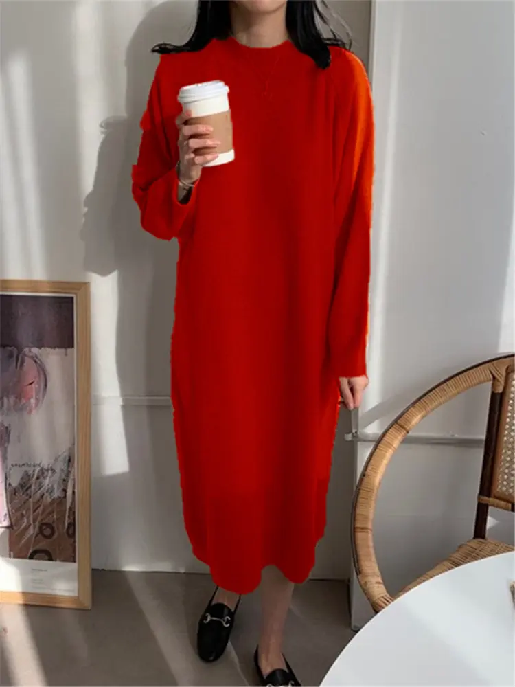 Autumn Winter 2024 New O-Neck Casual Loose Knitted Dress Female Straight Long Sleeve Oversize Sweater Womens Long Dress