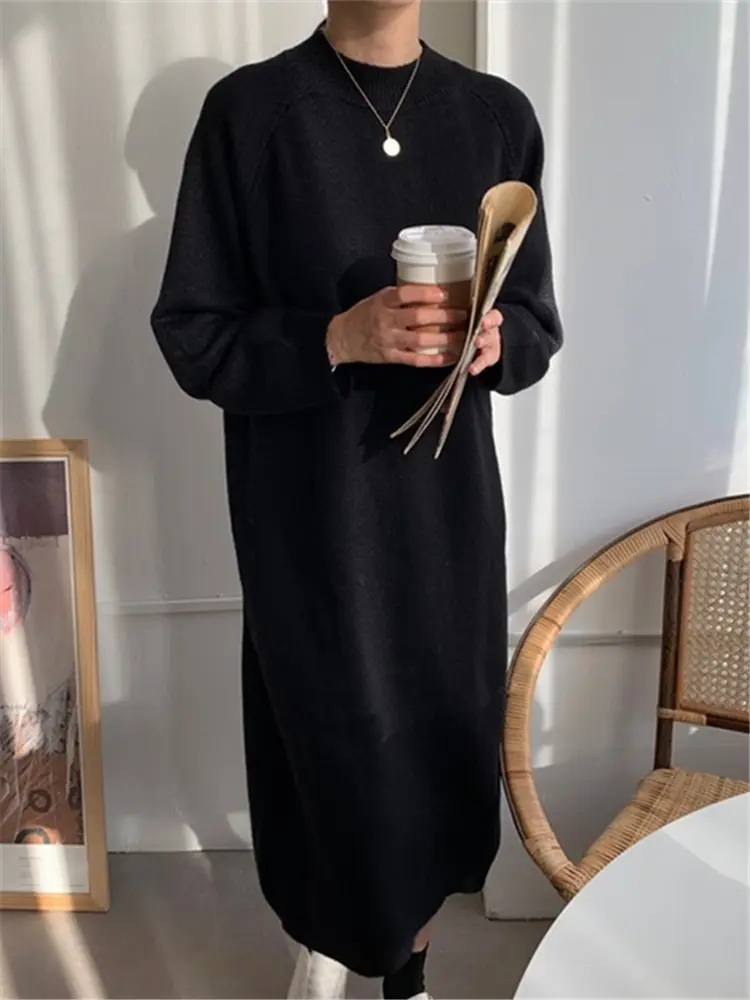 Autumn Winter 2024 New O-Neck Casual Loose Knitted Dress Female Straight Long Sleeve Oversize Sweater Womens Long Dress