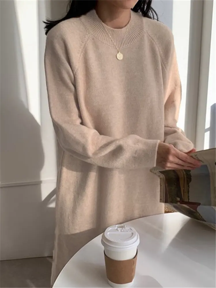 Autumn Winter 2024 New O-Neck Casual Loose Knitted Dress Female Straight Long Sleeve Oversize Sweater Womens Long Dress