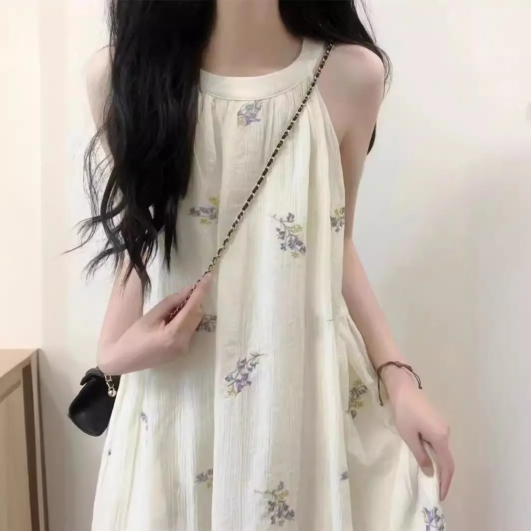 Women's Dress Chiffon Halter Sleeveless Off-shoulder Floral Long Dress Loose Comfort Elegant Casual Fashion Summer Thin 2024