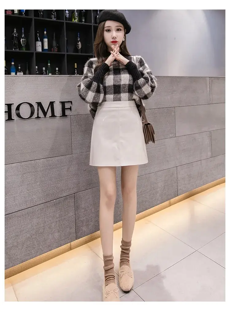 2024 PU Leather Skirt Spring Fashion Glossy Candy High Waist Solid Slim A-line Skirt Work Commuting Casual Dress