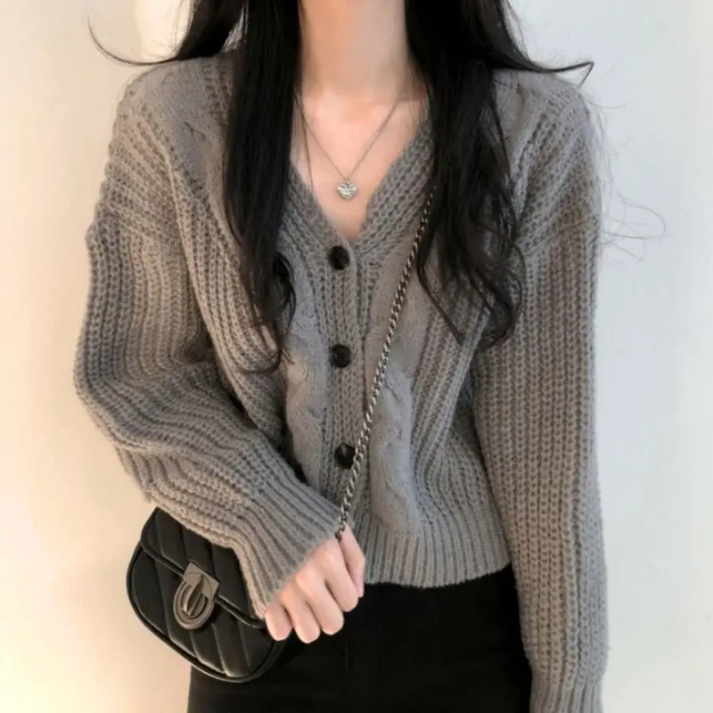 Button Front Cable Knit Cardigan Women's Vintage Long Sleeve Sweater Jacket Ladies Korean Fashion Autumn Winter Knitwear