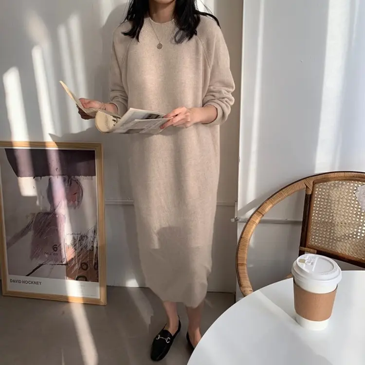 Autumn Winter 2024 New O-Neck Casual Loose Knitted Dress Female Straight Long Sleeve Oversize Sweater Womens Long Dress