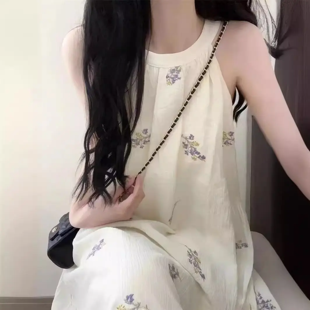 Women's Dress Chiffon Halter Sleeveless Off-shoulder Floral Long Dress Loose Comfort Elegant Casual Fashion Summer Thin 2024