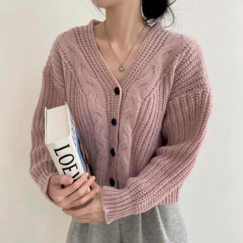 Button Front Cable Knit Cardigan Women's Vintage Long Sleeve Sweater Jacket Ladies Korean Fashion Autumn Winter Knitwear
