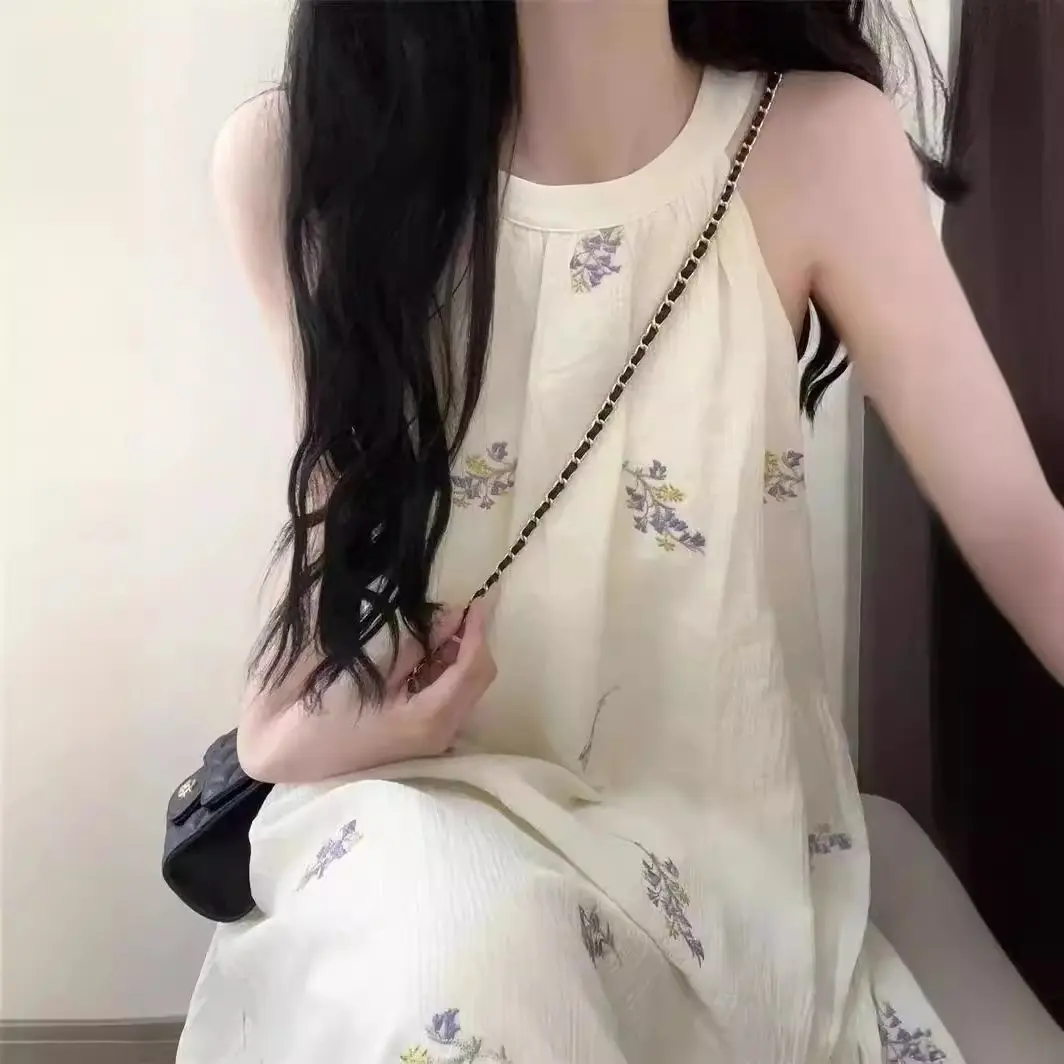 Women's Dress Chiffon Halter Sleeveless Off-shoulder Floral Long Dress Loose Comfort Elegant Casual Fashion Summer Thin 2024