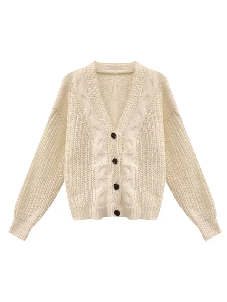 Button Front Cable Knit Cardigan Women's Vintage Long Sleeve Sweater Jacket Ladies Korean Fashion Autumn Winter Knitwear