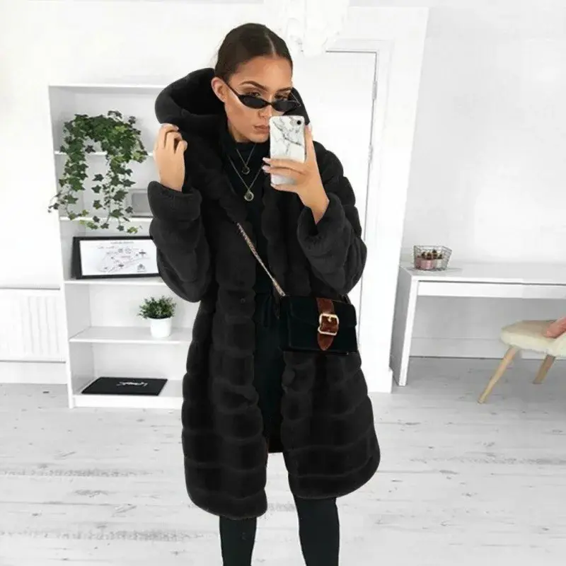 Mink fur imitation fur coat autumn and winter new women's mid to long Korean version slim fit and slimming hooded warm coat