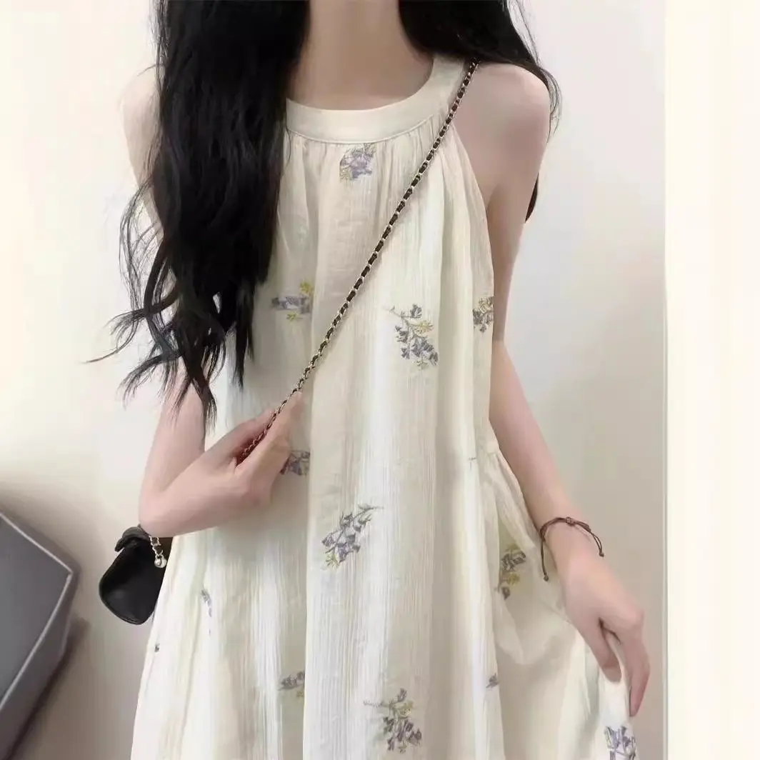 Women's Dress Chiffon Halter Sleeveless Off-shoulder Floral Long Dress Loose Comfort Elegant Casual Fashion Summer Thin 2024