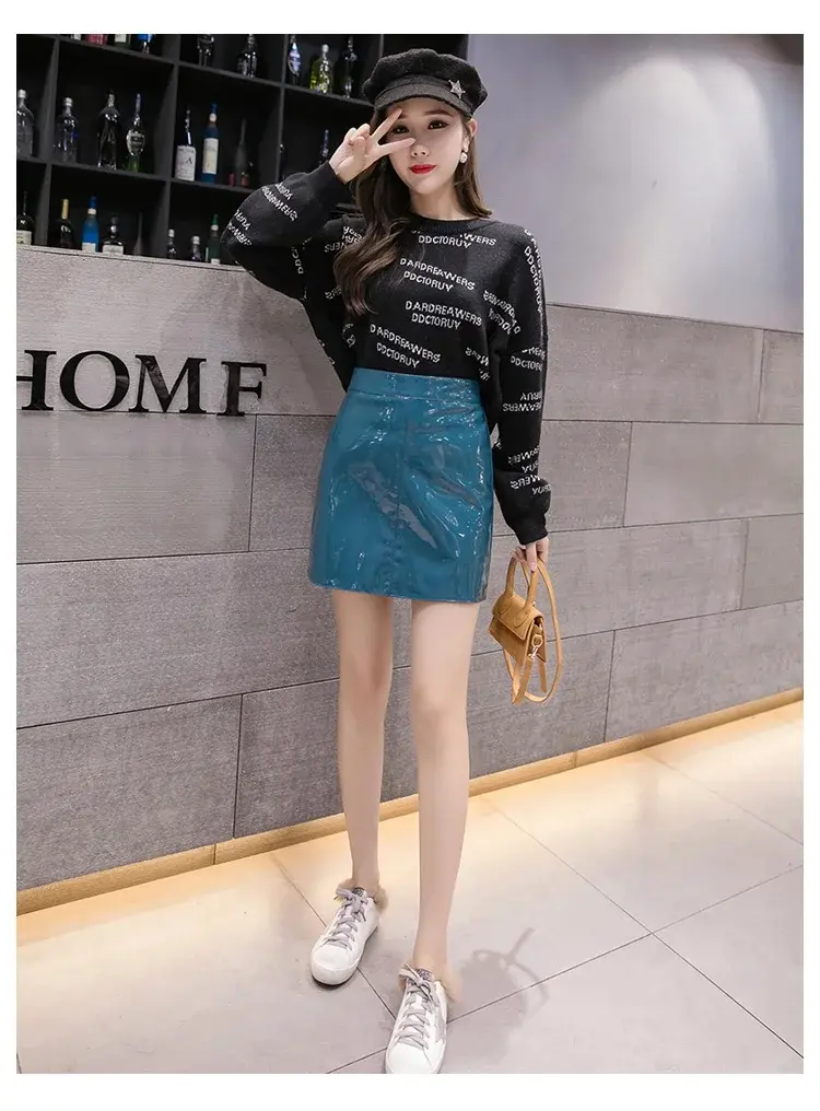 2024 PU Leather Skirt Spring Fashion Glossy Candy High Waist Solid Slim A-line Skirt Work Commuting Casual Dress