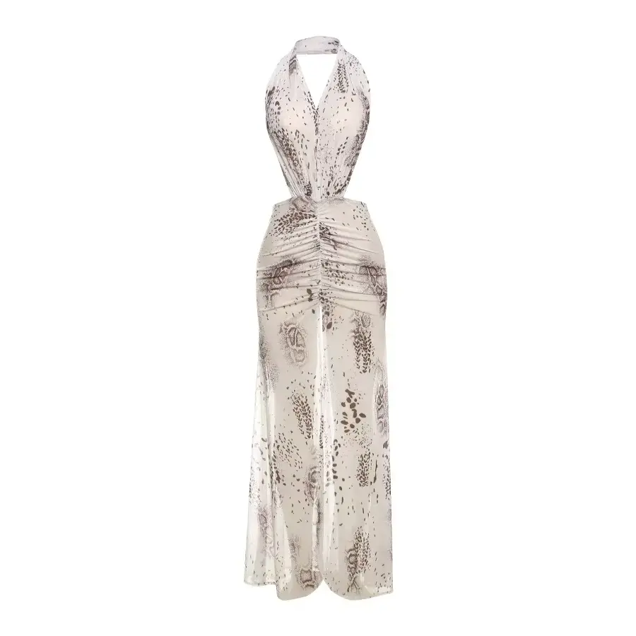Summer Release Junior Ankle-Length Sexy High Street Dress  Girl Leopard Halter Slim Cleavage Backless Robe