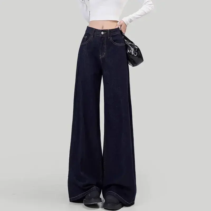 Women's Loose-Fit Jeans High-Waisted Straight-Leg  Draped Lazy Walking Wide-Leg Long Pants Deep Blue Autumn Season