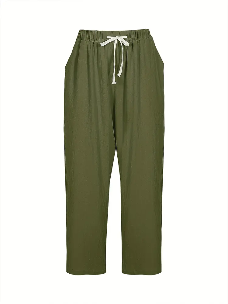 Plus Size With Pockets Women's Travel Pants Cotton Linen Nine Women's Casual Pants Casual Loose Solid Color Lace Up