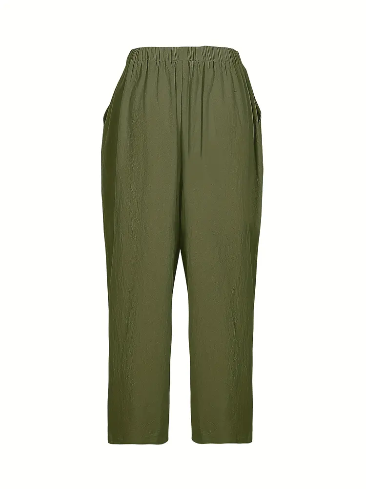 Plus Size With Pockets Women's Travel Pants Cotton Linen Nine Women's Casual Pants Casual Loose Solid Color Lace Up