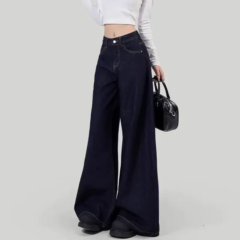 Women's Loose-Fit Jeans High-Waisted Straight-Leg  Draped Lazy Walking Wide-Leg Long Pants Deep Blue Autumn Season