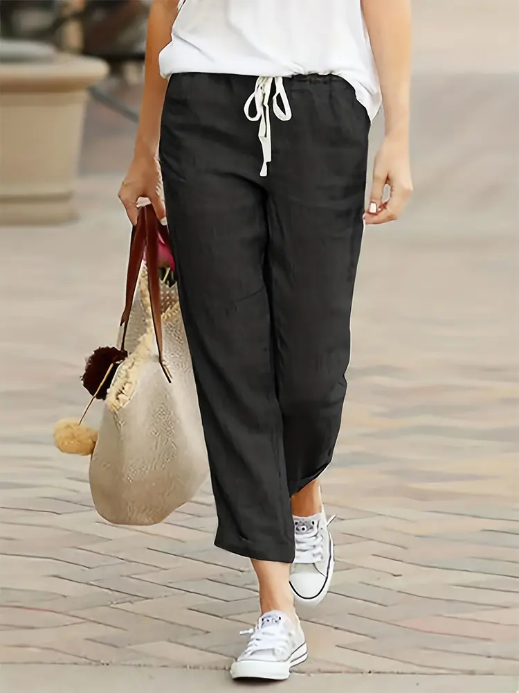 Plus Size With Pockets Women's Travel Pants Cotton Linen Nine Women's Casual Pants Casual Loose Solid Color Lace Up