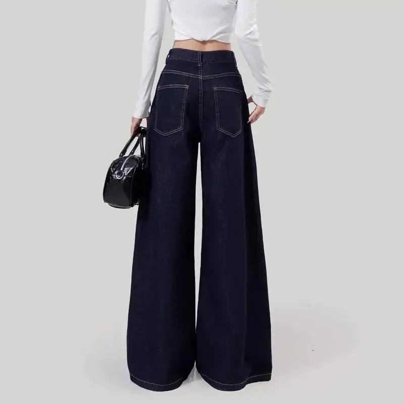 Women's Loose-Fit Jeans High-Waisted Straight-Leg  Draped Lazy Walking Wide-Leg Long Pants Deep Blue Autumn Season