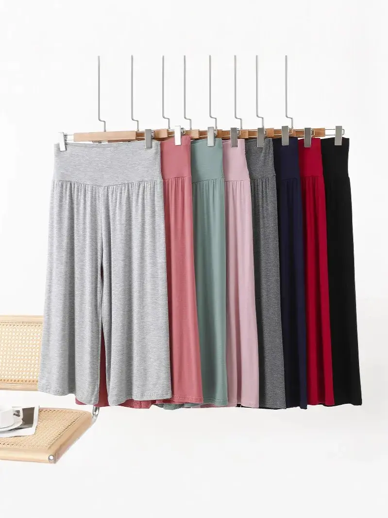 Summer Modal Plus Size Loose Wide Leg Pants, Korean Style High Waisted Slimming Cropped Casual Flowy Trousers