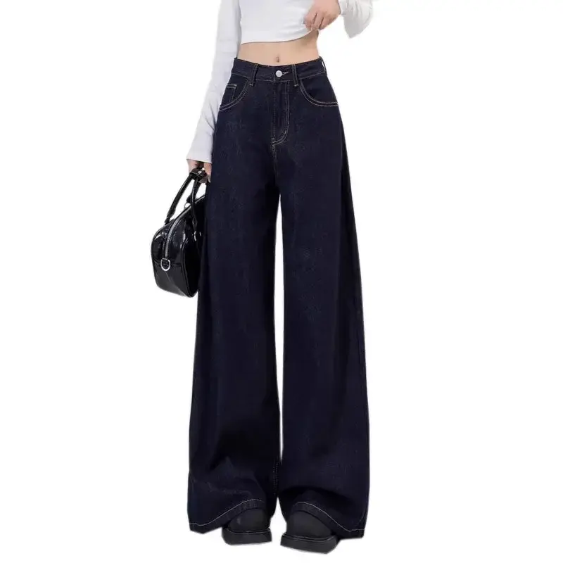 Women's Loose-Fit Jeans High-Waisted Straight-Leg  Draped Lazy Walking Wide-Leg Long Pants Deep Blue Autumn Season