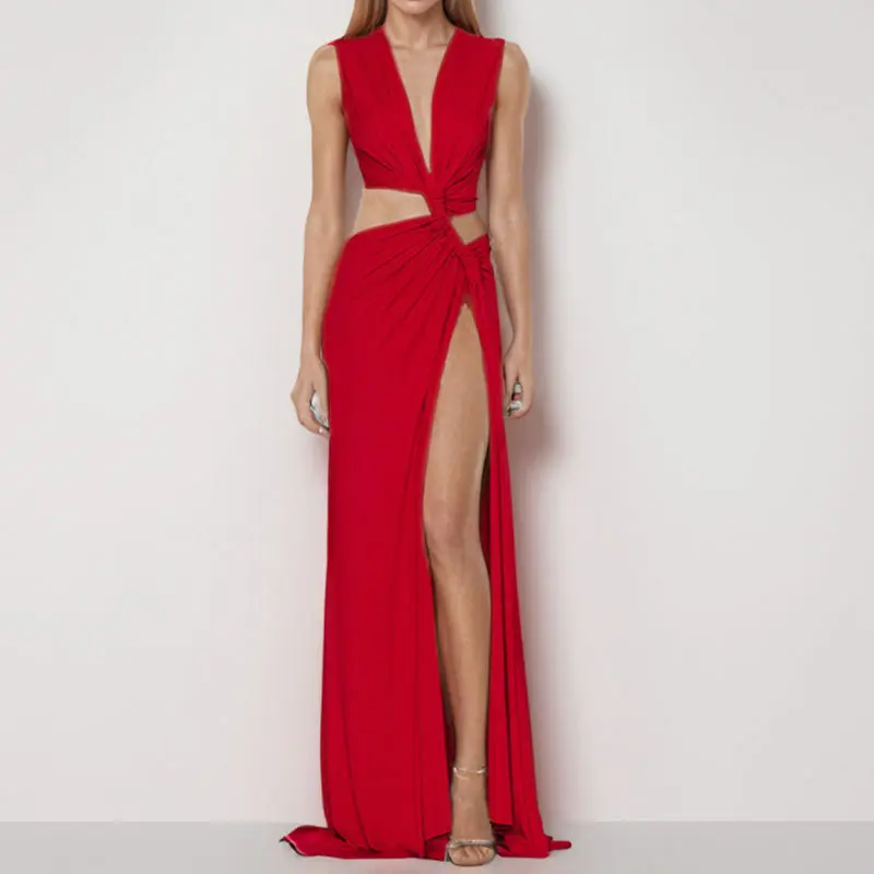 Dress 2025 Spring European and American Women's Fashion Hollow Knot Split V-neck Sleeveless pleated Irregular Dress