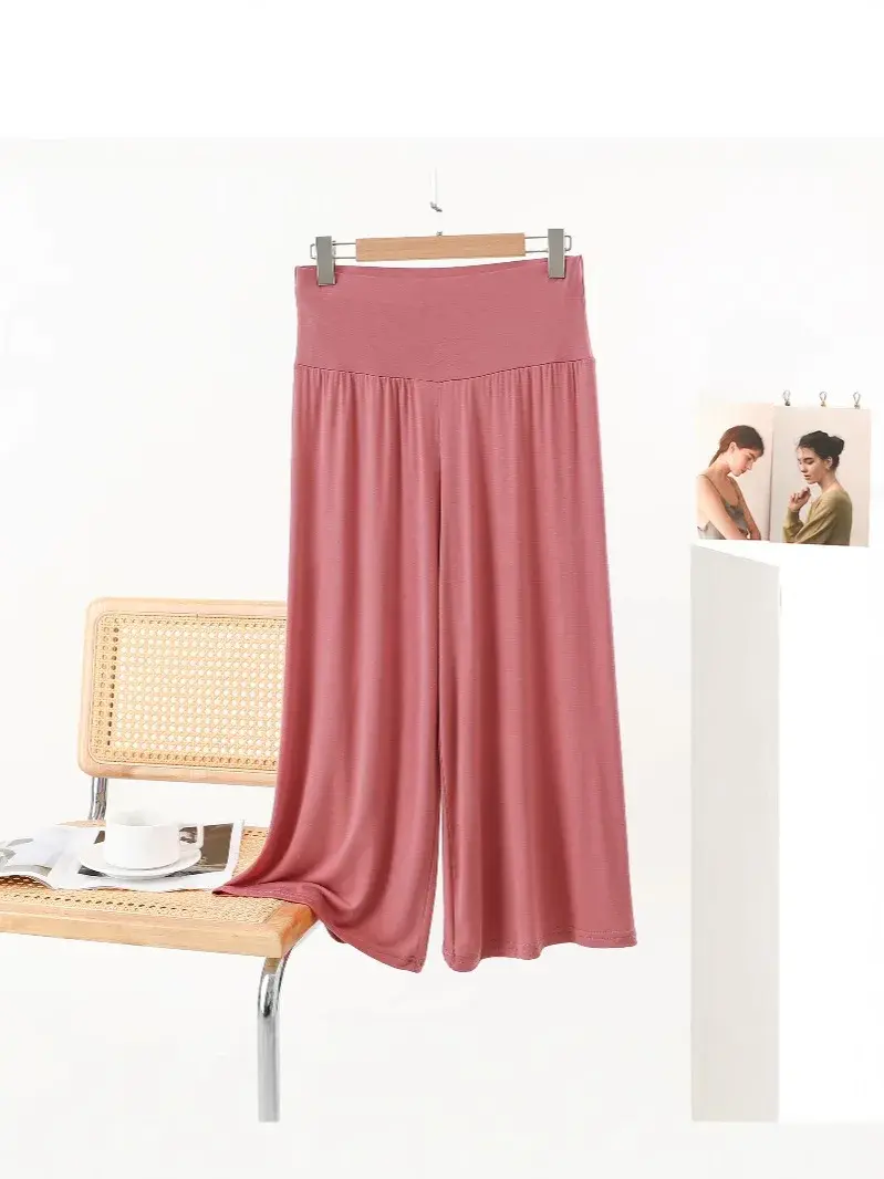 Summer Modal Plus Size Loose Wide Leg Pants, Korean Style High Waisted Slimming Cropped Casual Flowy Trousers