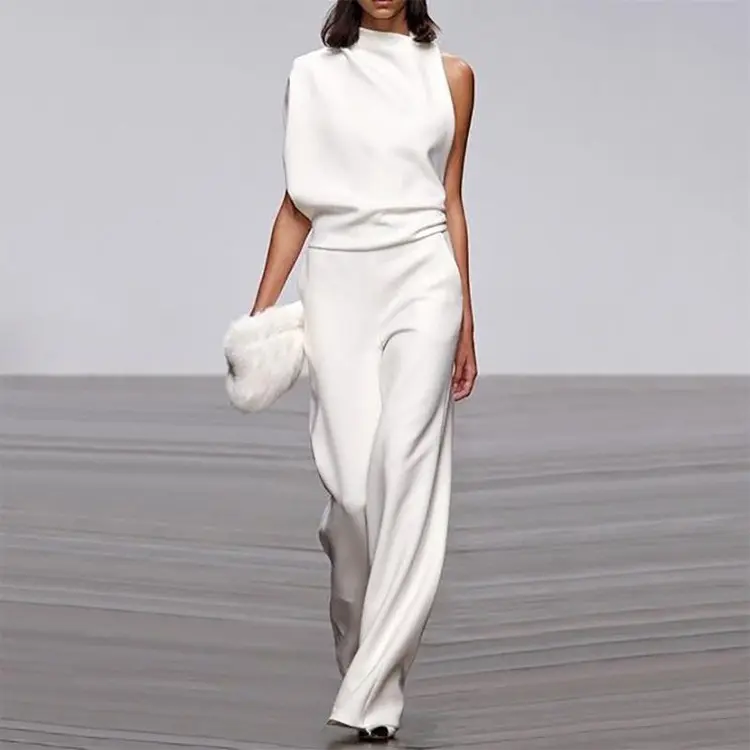 Women's Jumpsuit Sleeveless One Shoulder Backless High Waist Wide Leg Playsuits Rompers Solid Color Office Lady 2024