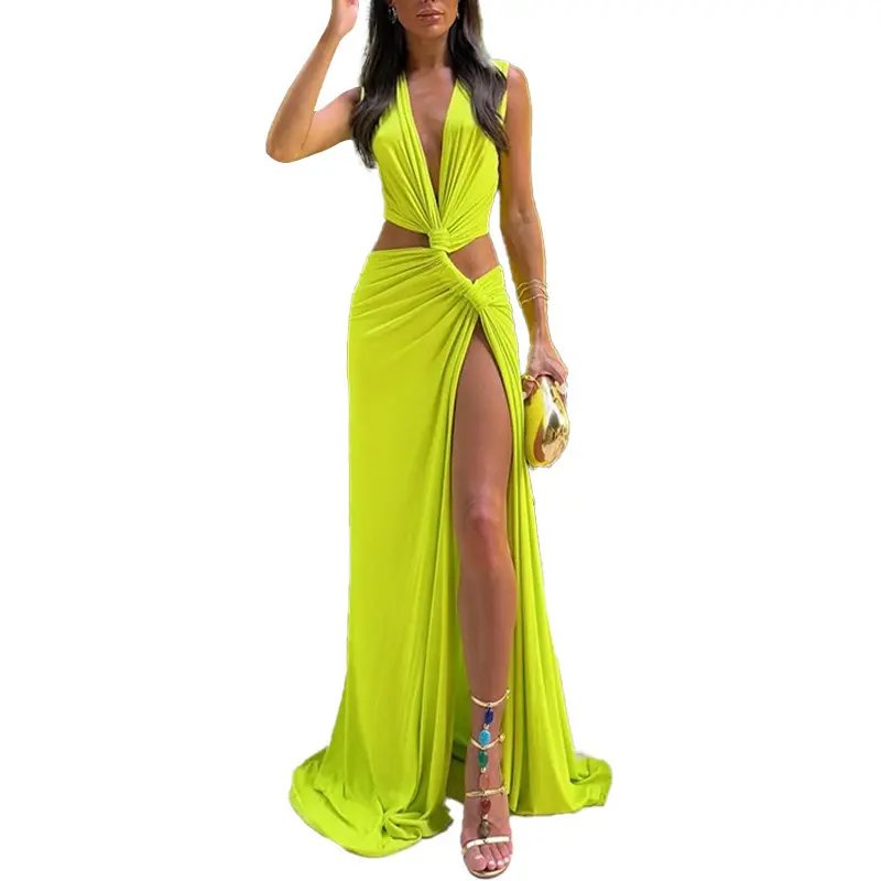 Dress 2025 Spring European and American Women's Fashion Hollow Knot Split V-neck Sleeveless pleated Irregular Dress